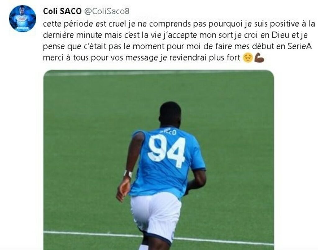 Napoli, positivo al Covid pure il Primavera Saco: l'annuncio del giocatore sui social 19 Napoli, positivo al Covid anche il Primavera Saco: l'annuncio del calciatore sui social