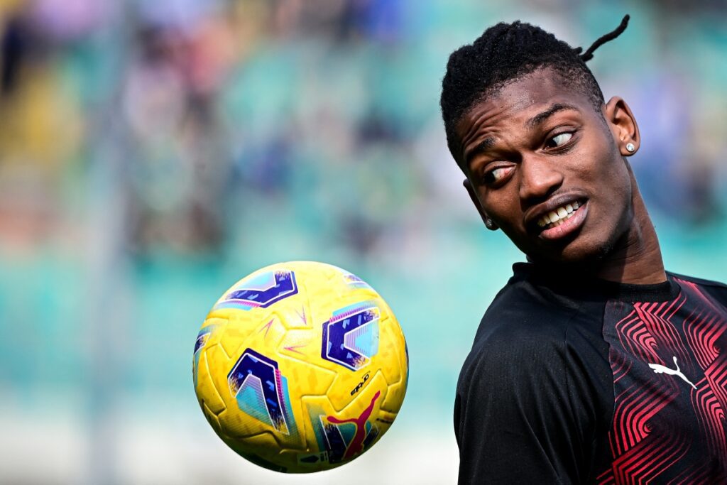 AC Milan forward Rafael Leao warms up ahead of the Italian Serie A football match between Hellas Verona and AC Milan, at the Marcantonio Bentegodi stadium, in Verona, on March 17, 2024. (Photo by Piero CRUCIATTI / AFP) (Photo by PIERO CRUCIATTI/AFP via Getty Images)