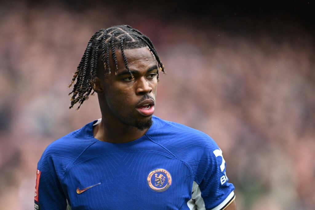 LONDON, ENGLAND - MARCH 17: Carney Chukwuemeka of Chelsea looks on during the Emirates FA Cup Quarter Final between Chelsea FC and Leicester City at Stamford Bridge on March 17, 2024 in London, England. (Photo by Mike Hewitt/Getty Images)