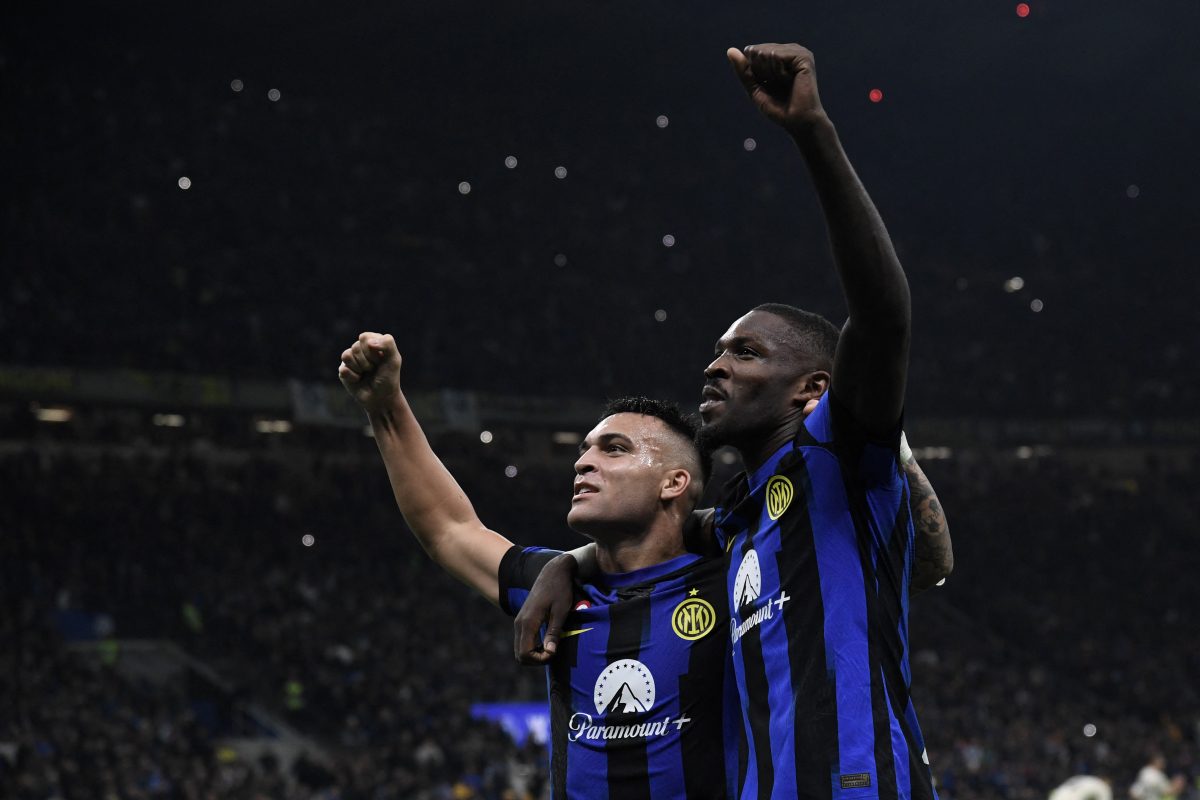 Champions: Sparta Prague vs. Inter – Probable line-ups and where to watch 3 TOPSHOT - Inter Milan forward Marcus Thuram (R) celebrates with teammate Inter Milan forward Lautaro Martinez after scoring the team's first goal during the Italian Serie A football match between Inter Milan and AS Roma at San Siro Stadium, in Milan on October 29, 2023. (Photo by Isabella BONOTTO / AFP) (Photo by ISABELLA BONOTTO/AFP via Getty Images)