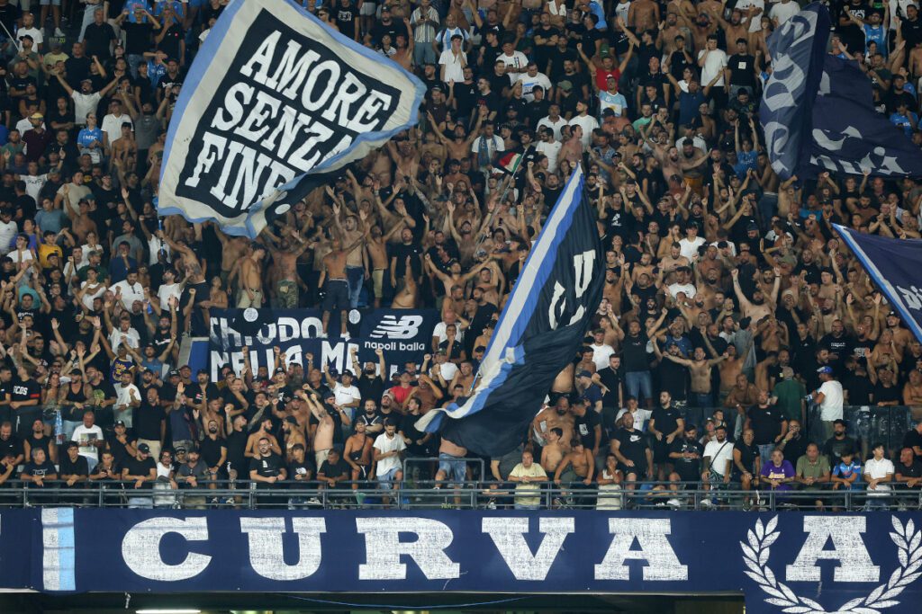 NAPLES, ITALY - AUGUST 25: SSC Napoli supporters during the Serie match between Napoli and Bologna at Stadio Diego Armando Maradona on August 25, 2024 in Naples, Italy. (Photo by Francesco Pecoraro/Getty Images) Serie A