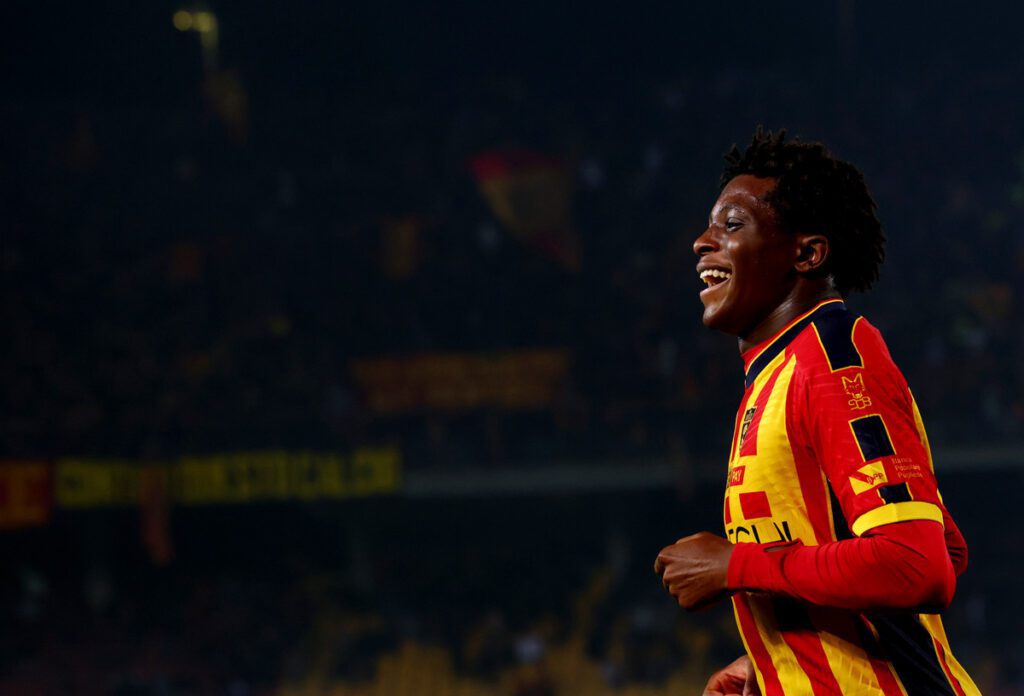 Patrick Dorgu of Lecce smiles during the Serie A match between Lecce and Verona at Stadio Via del Mare on October 29, 2024 in Lecce, Italy. (Photo by Maurizio Lagana/Getty Images)