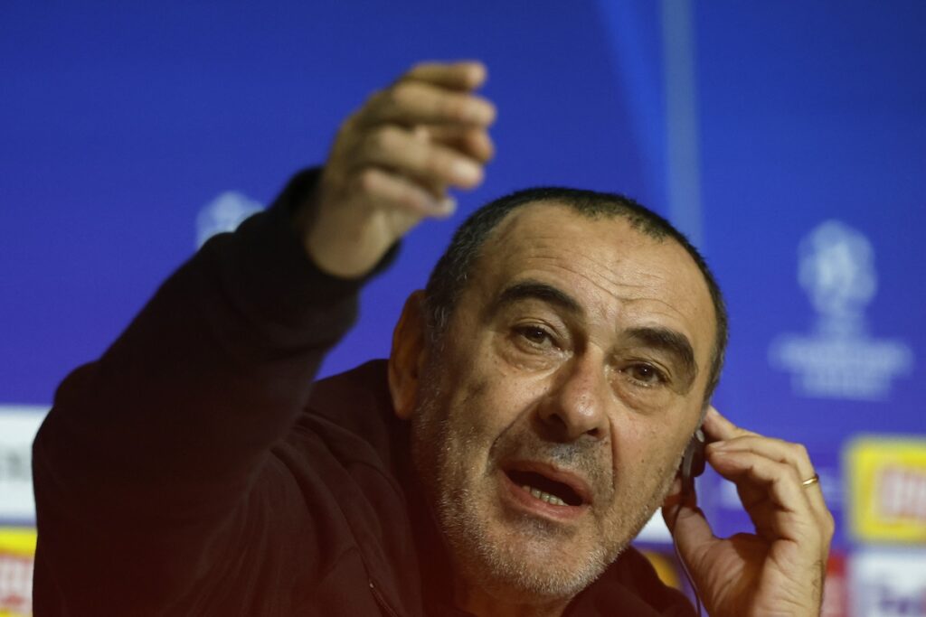 Lazio head coach Maurizio Sarri gestures during a press conference on the eve of their UEFA Champions League group E football match against Club Atletico de Madrid at the Metropolitano stadium in Madrid on December 12, 2023. (Photo by OSCAR DEL POZO / AFP) (Candidate for post-Gasperini era at Atalanta)