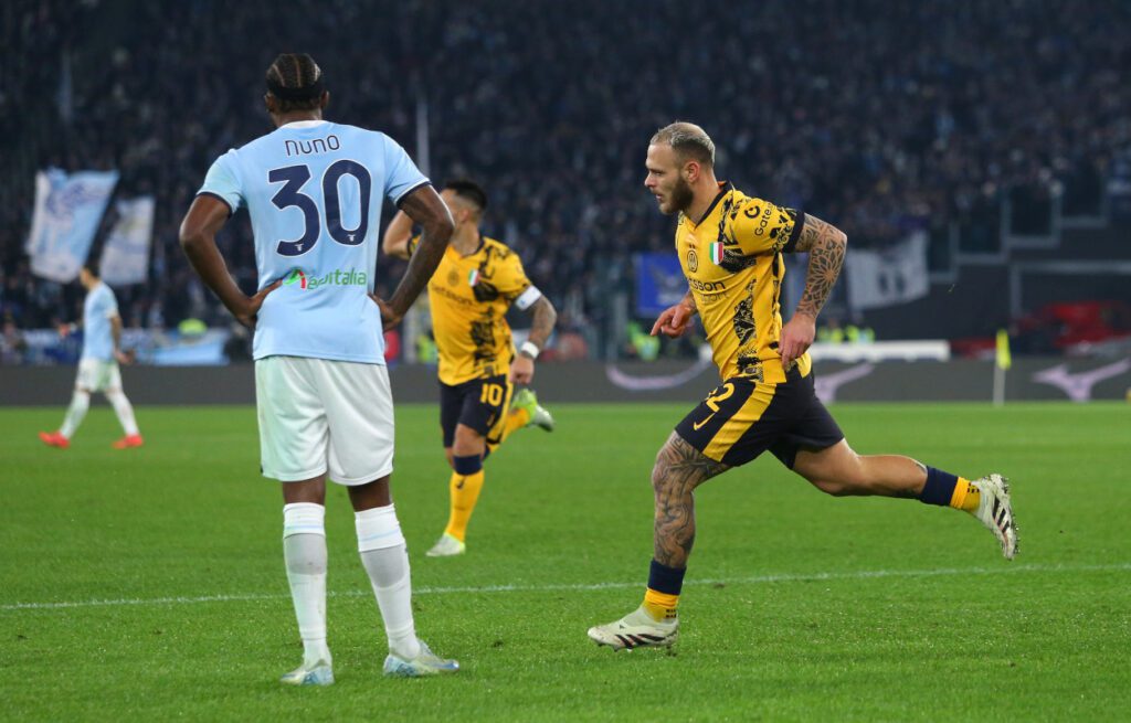 Coppa Italia: Inter vs Lazio – probable line-ups and where to watch on TV 18 ROME, ITALY - DECEMBER 16: Federico Dimarco of FC Internazionale celebrates scoring his team's second goal during the Serie A match between SS Lazio and FC Internazionale at Stadio Olimpico on December 16, 2024 in Rome, Italy. (Photo by Paolo Bruno/Getty Images)
