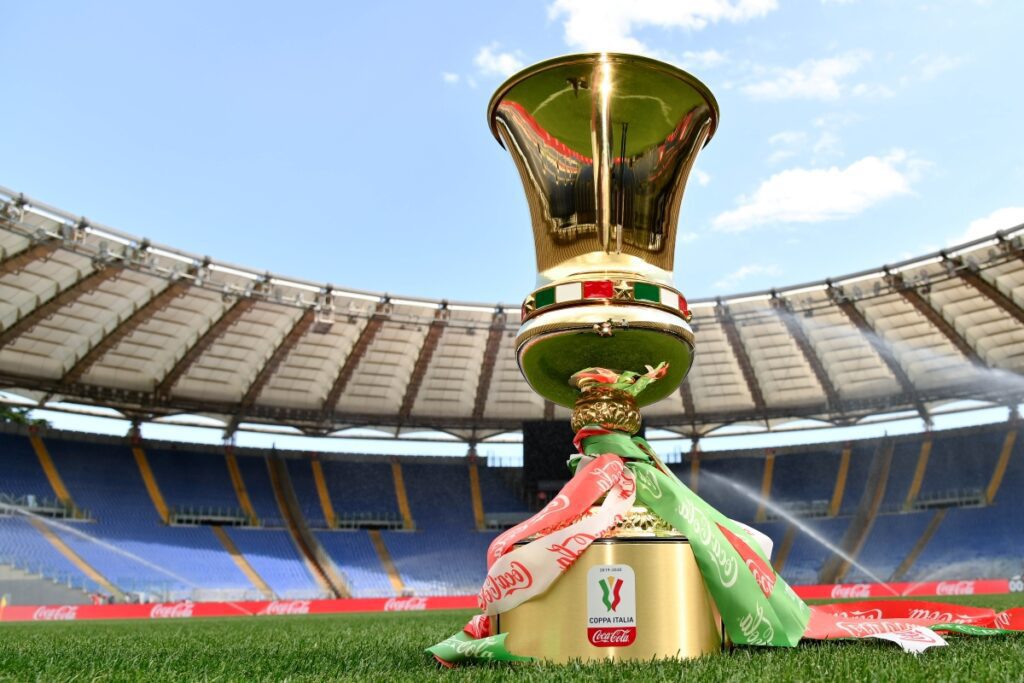 Coppa Italia Round 2 official fixtures including AC Milan vs. Lecce 5 MILAN, ITALY - JUNE 16: The trophy at the Olympic stadium prior the Coppa Italia Final match between Juventus and SSC Napoli at Olimpico Stadium on June 16, 2020 in Rome, Italy. (Photo by Marco Rosi/Getty Images)