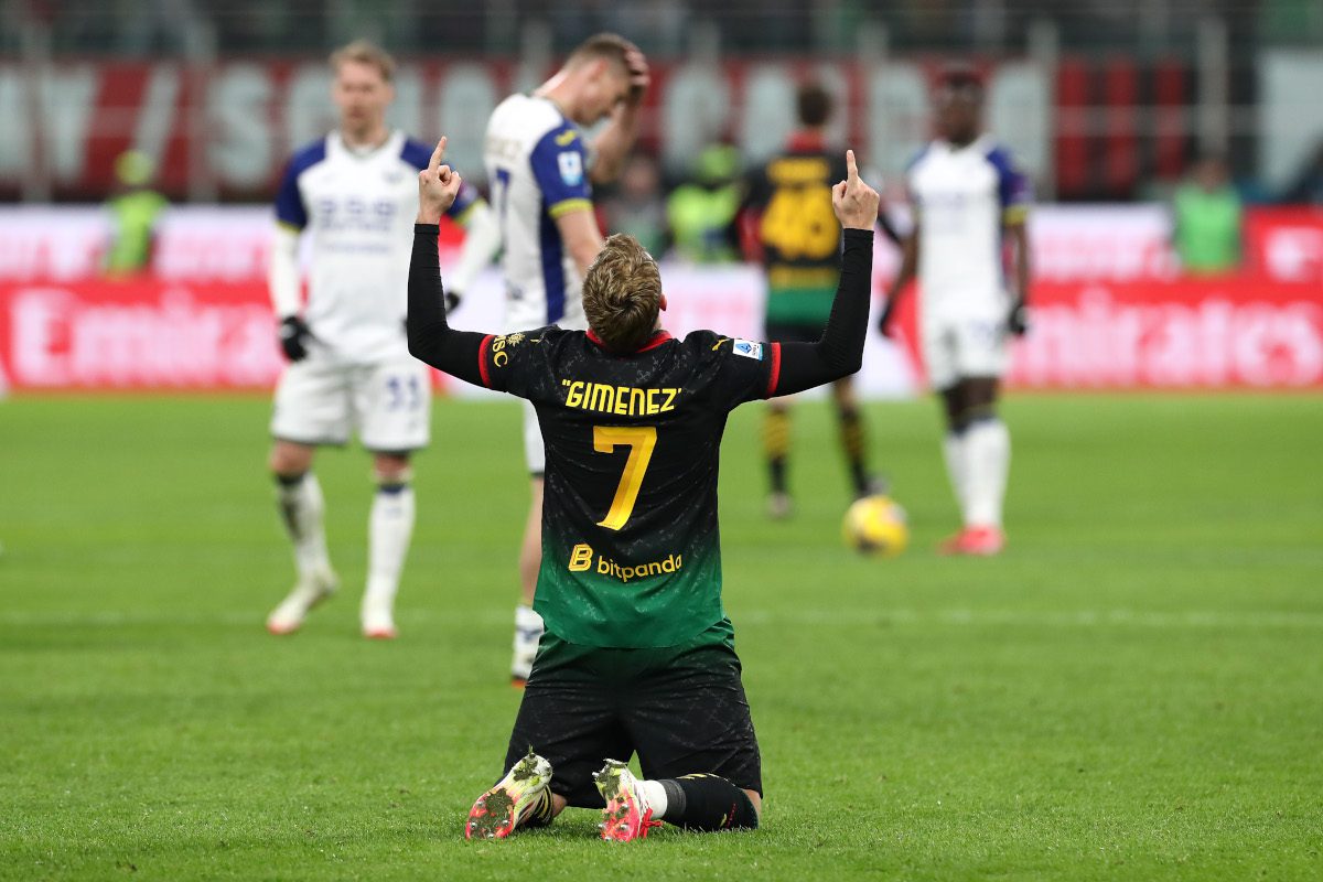 Milan receive Gimenez boost after Mexico injury worry 3 MILAN, ITALY - FEBRUARY 15: Santiago Gimenez of AC Milan celebrates scoring his team's first goal during the Serie A match between AC Milan and Verona at Stadio Giuseppe Meazza on February 15, 2025 in Milan, Italy. (Photo by Marco Luzzani/Getty Images)