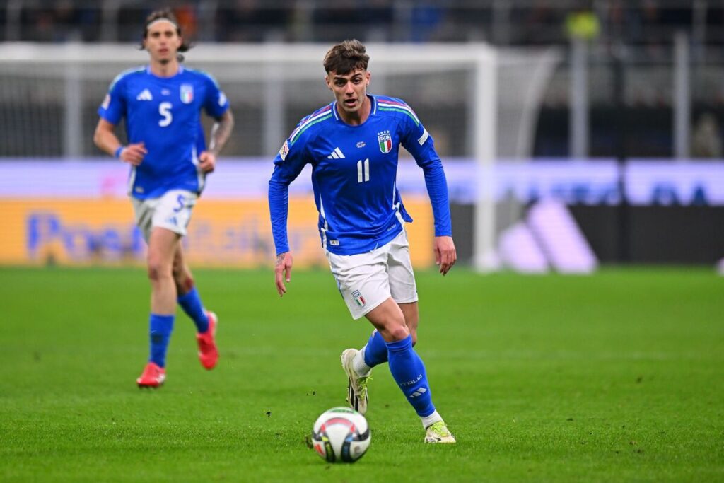 MILAN, ITALY - MARCH 20: Daniel Maldini of Italy in action during the UEFA Nations League quarterfinal leg one match between Italy and Germany at Stadio San Siro on March 20, 2025 in Milan, Italy. (Photo by Alessandro Sabattini/Getty Images)