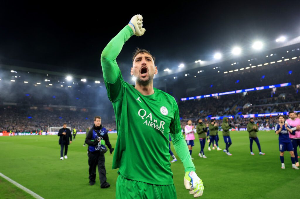 BIRMINGHAM, ENGLAND - APRIL 15: Gianluigi Donnarumma of Paris Saint-Germain celebrates at full-time following the team's victory and subsequent progression in the UEFA Champions League 2024/25 Quarter Final Second Leg match between Aston Villa FC and Paris Saint-Germain at Villa Park on April 15, 2025 in Birmingham, England. (Photo by Carl Recine/Getty Images) (PSG-Arsenal starter)
