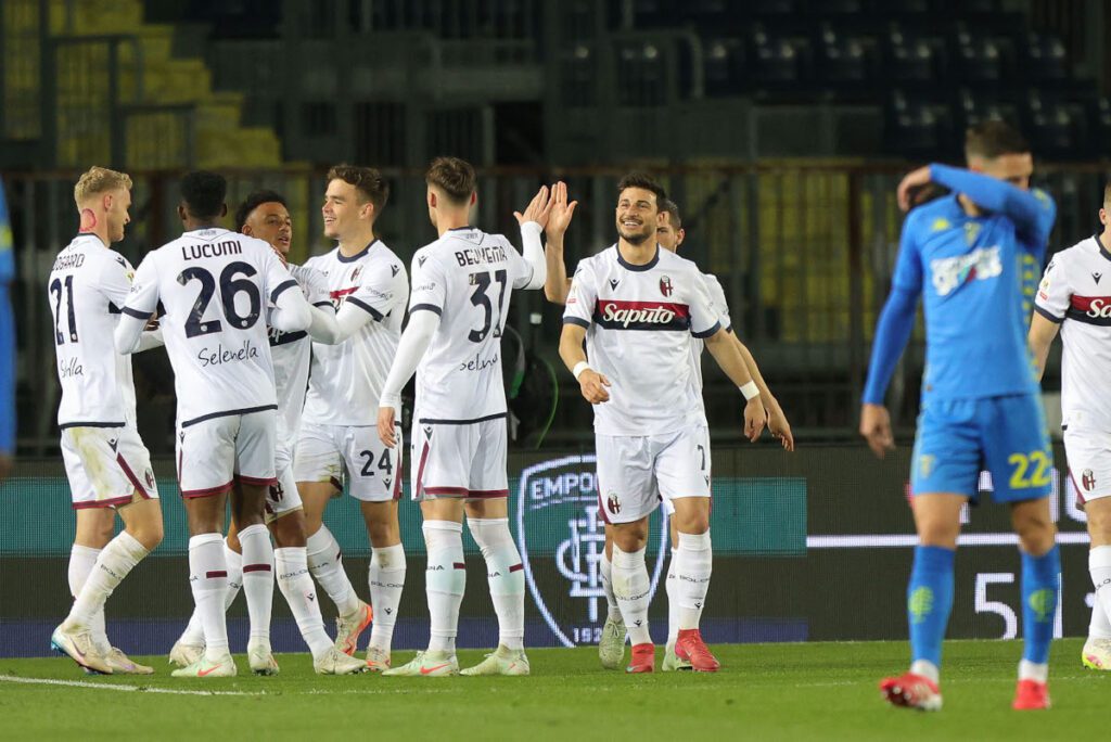 EMPOLI, ITALY - APRIL 1: Thijs Dallinga of Bologna FC 1909 celebrates after scoring a goal during the Coppa Italia Semi Final match between Empoli FC and FC Bologna at Stadio Carlo Castellani on April 1, 2025 in Empoli, Italy. (Photo by Gabriele Maltinti/Getty Images)