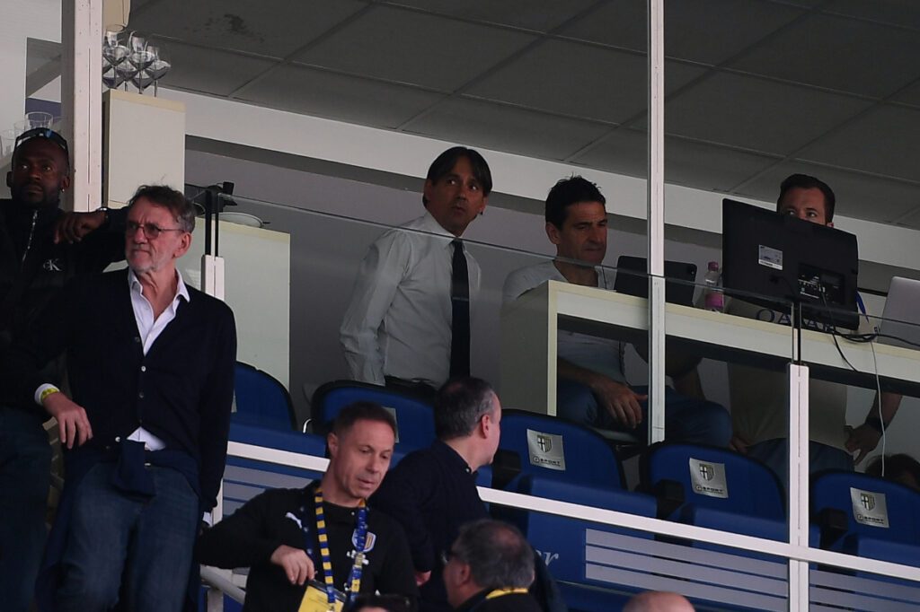 PARMA, ITALY - APRIL 05: Simone Inzaghi, Head Coach of FC Internazionale, looks on from the stands prior to the Serie A match between Parma and FC Internazionale at Stadio Ennio Tardini on April 05, 2025 in Parma, Italy. (Photo by Alessandro Sabattini/Getty Images)