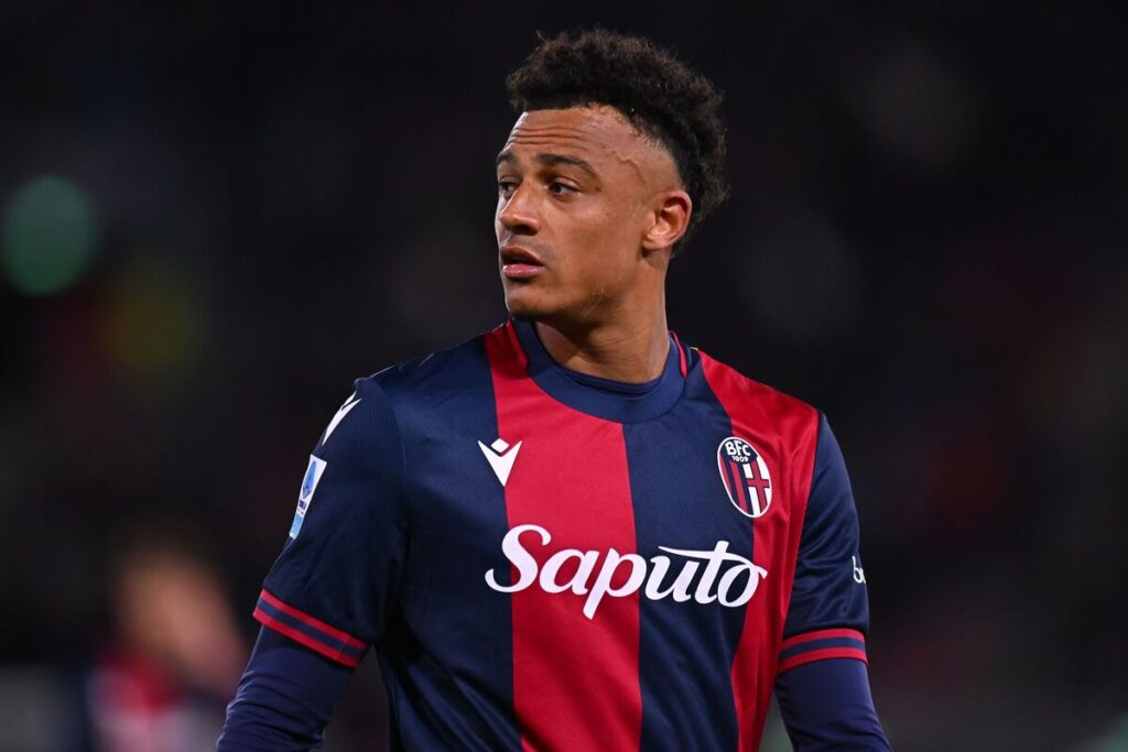 BOLOGNA, ITALY - APRIL 07: Dan Ndoye of Bologna during the Serie A match between Bologna and Napoli at Stadio Renato Dall'Ara on April 07, 2025 in Bologna, Italy. (Photo by Alessandro Sabattini/Getty Images)
