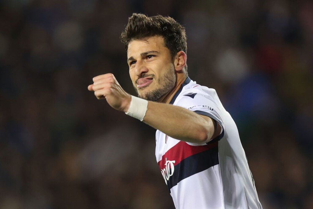 EMPOLI, ITALY - APRIL 1: Riccardo Orsolini of Bologna FC 1909 celebrates after scoring a goal during the Coppa Italia Semi Final match between Empoli FC and FC Bologna at Stadio Carlo Castellani on April 1, 2025 in Empoli, Italy. (Photo by Gabriele Maltinti/Getty Images)