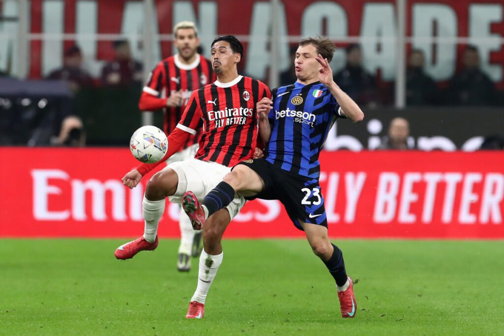 Player ratings: Milan 1-1 Inter – Vintage Calhanoglu, Promising Rossoneri 86 MILAN, ITALY - APRIL 02: Tijjani Reijnders of AC Milan is tackled by Nicolo Barella of FC Internazionale during the Coppa Italia Semi Final match between AC Milan and FC Internazionale at Stadio Giuseppe Meazza on April 02, 2025 in Milan, Italy. (Photo by Marco Luzzani/Getty Images)