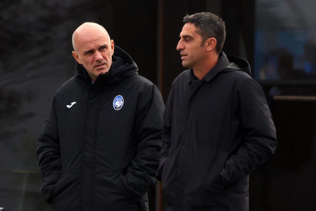 epa11702421 Atalanta CEO Luca Percassi (L) and Atalanta Sporting Director Tony d'Amico watch a training session of the team at the Bortolotti training center in Zingonia, Italy, 05 November 2024. Atalanta will face VFB Stuttgart in the UEFA Champions League on 06 November in Stuttgart. EPA-EFE/MICHELE MARAVIGLIA