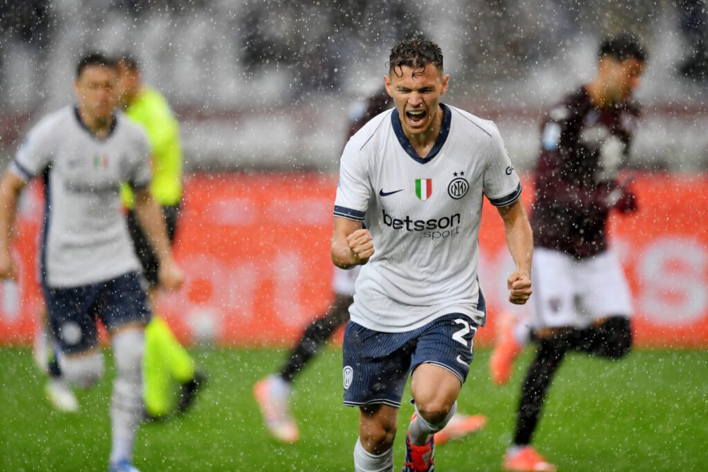TURIN, ITALY - MAY 11: Kristjan Asllani celebrates scoring his team's second goal during the Serie A match between Torino and FC Internazionale at Stadio Olimpico di Torino on May 11, 2025 in Turin, Italy. (Photo by Valerio Pennicino/Getty Images)