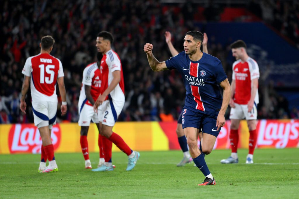 PARIS, FRANCE - MAY 07: Achraf Hakimi of Paris Saint-Germain celebrates scoring his team's second goal during the UEFA Champions League 2024/25 Semi Final Second Leg match between PSG and Arsenal FC at Parc des Princes on May 07, 2025 in Paris, France. (Photo by David Ramos/Getty Images)