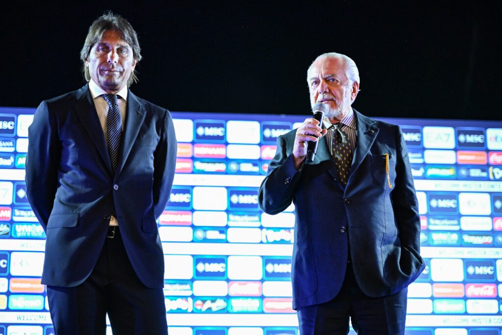 De Laurentiis warning: ‘No Napoli buys within the next month’ 24 NAPLES, ITALY - JUNE 26: Antonio Conte new SSC Napoli head coach and Aurelio De Laurentiis SSC Napoli president during SSC Napoli new manager unveiling on June 26, 2024 in Naples, Italy. (Photo by Francesco Pecoraro/Getty Images)