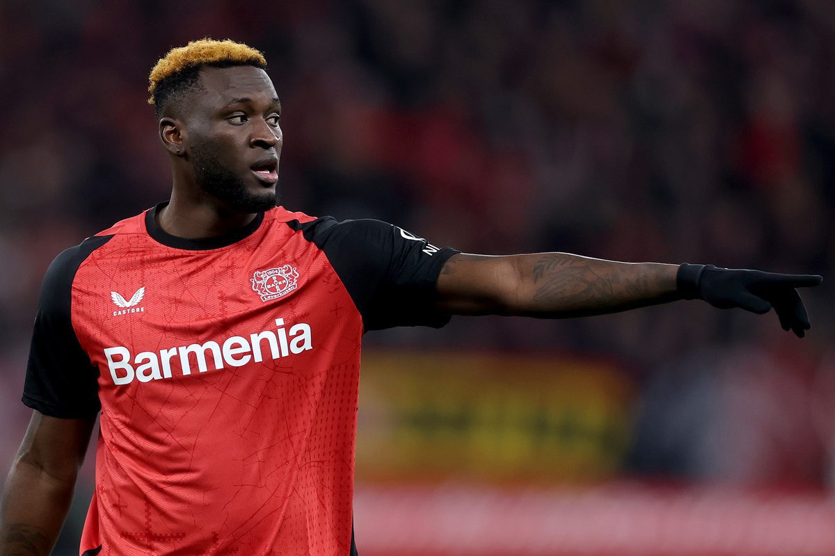 LEVERKUSEN, GERMANY - FEBRUARY 02: Victor Boniface of Bayer 04 Leverkusen gestures during the Bundesliga match between Bayer 04 Leverkusen and TSG 1899 Hoffenheim at BayArena on February 02, 2025 in Leverkusen, Germany. (Photo by Lars Baron/Getty Images) (Juventus links)