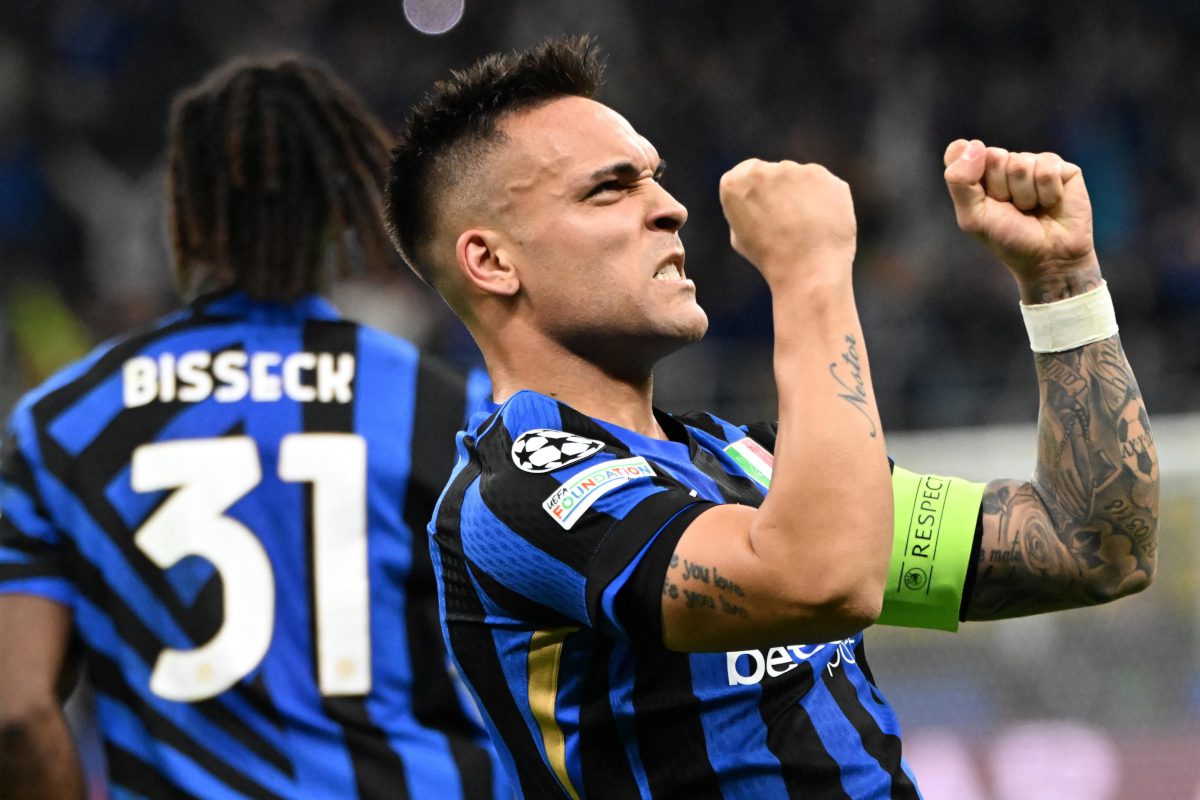 epa12078642 Inter Milans Lautaro Martinez celebrates after scoring the 1-0 goal during the UEFA Champions League semifinal 2nd leg soccer match between Inter Milan and FC Barcelona, in Milan, Italy, 06 May 2025. EPA-EFE/DANIEL DAL ZENNARO