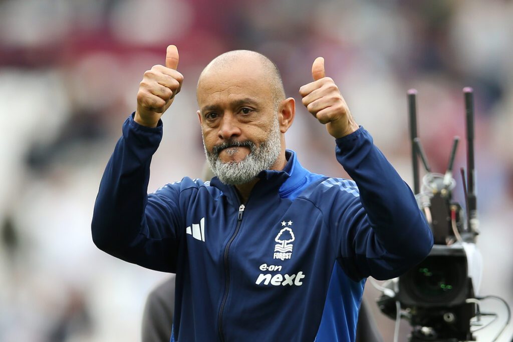 LONDON, ENGLAND - MAY 18: Nuno Espirito Santo, Manager of Nottingham Forest, acknowledges the fans following his team's victory in the Premier League match between West Ham United FC and Nottingham Forest FC at London Stadium on May 18, 2025 in London, England. (Photo by Steve Bardens/Getty Images)