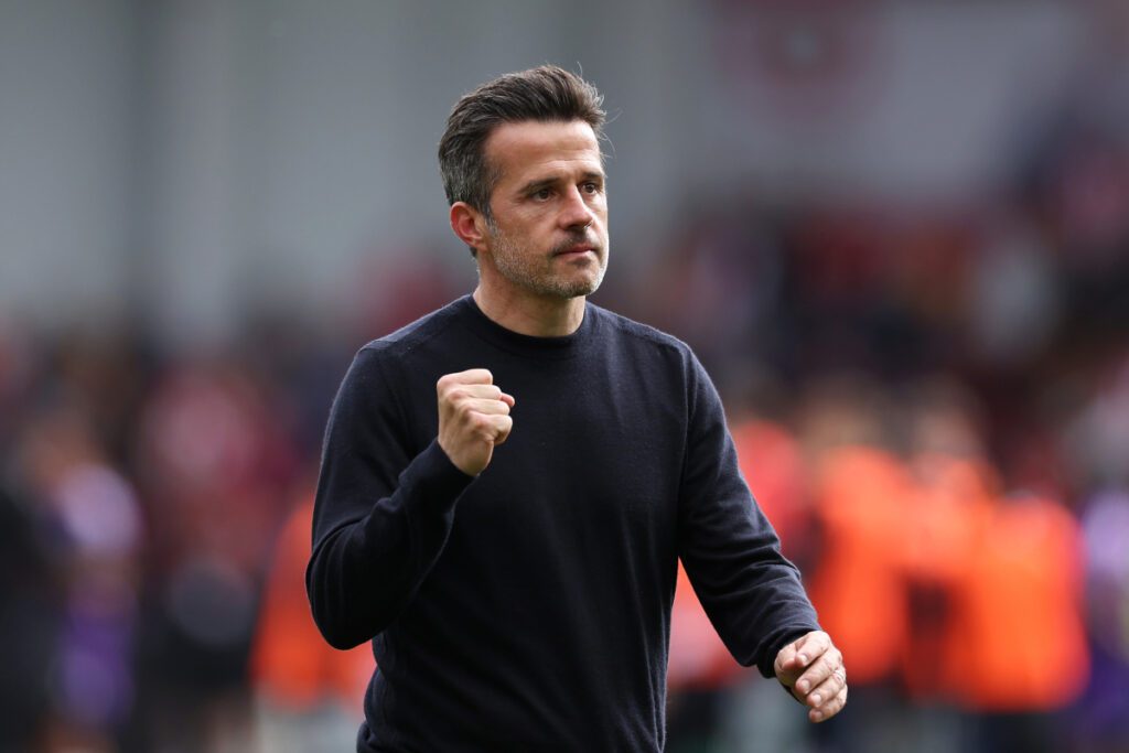 BRENTFORD, ENGLAND - MAY 18: Marco Silva, Manager of Fulham, celebrates victory at full-time following the Premier League match between Brentford FC and Fulham FC at Gtech Community Stadium on May 18, 2025 in Brentford, England. (Photo by Alex Davidson/Getty Images)