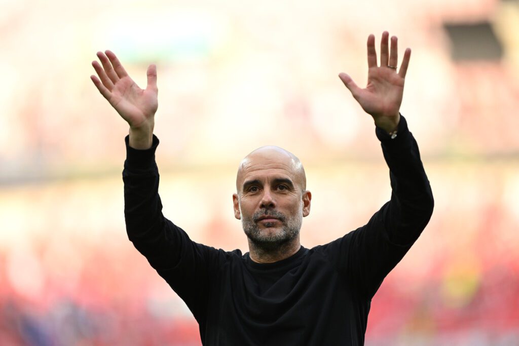 LONDON, ENGLAND - APRIL 27: Pep Guardiola, Manager of Manchester City, acknowledges the fans after the team's victory during the Emirates FA Cup Semi Final match between Nottingham Forest and Manchester City at Wembley Stadium on April 27, 2025 in London, England. (Photo by Shaun Botterill/Getty Images)