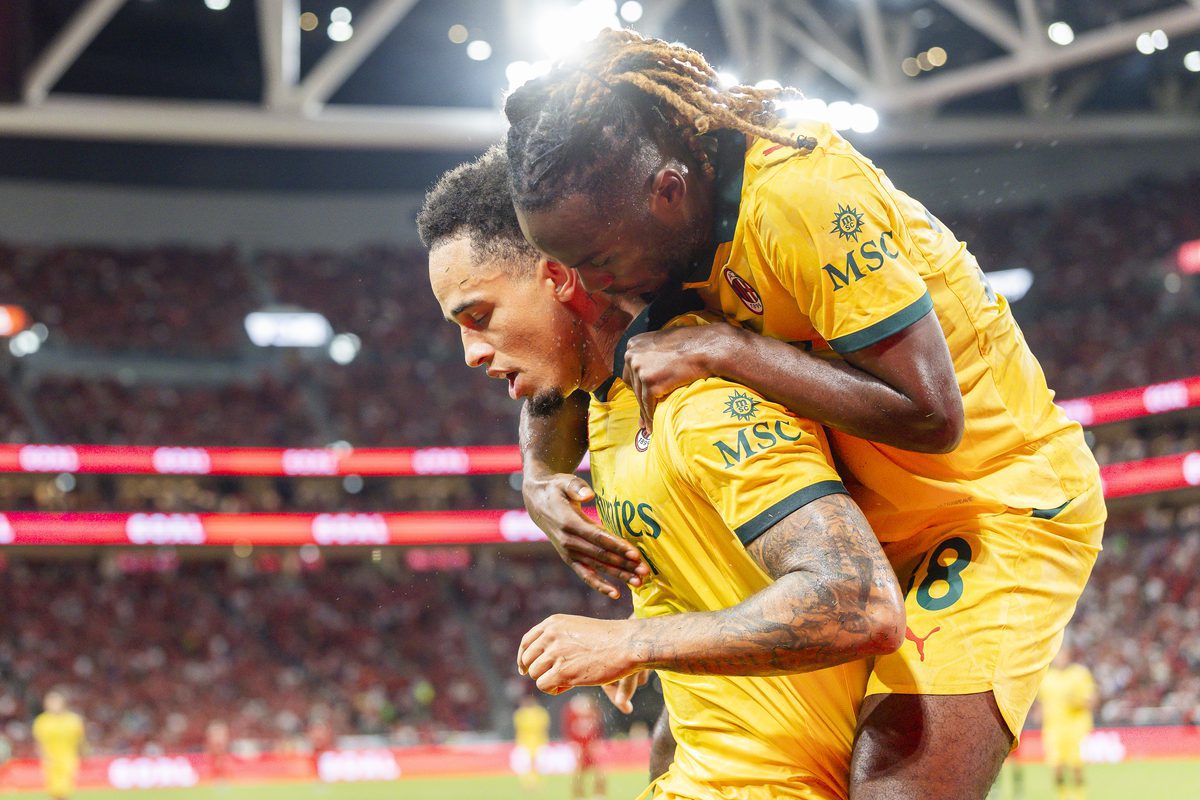HONG KONG, CHINA - JULY 26: Noah Okafor of AC Milan (L) celebrates after scoring his goal with Rafael Leao of AC Milan (R) during the Liverpool FC v AC Milan Pre-Season Friendly match at Kai Tak Stadium on July 26, 2025 in Hong Kong, China. (Photo by Yu Chun Christopher Wong/Eurasia Sport Images/Getty Images) (Leeds links to Okafor)