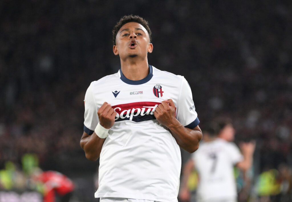 ROME, ITALY - MAY 14: Dan Ndoye of Bologna celebrates scoring his team's first goal during the Coppa Italia Final match between AC Milan and Bologna at Stadio Olimpico on May 14, 2025 in Rome, Italy. (Photo by Marco Rosi/Getty Images)