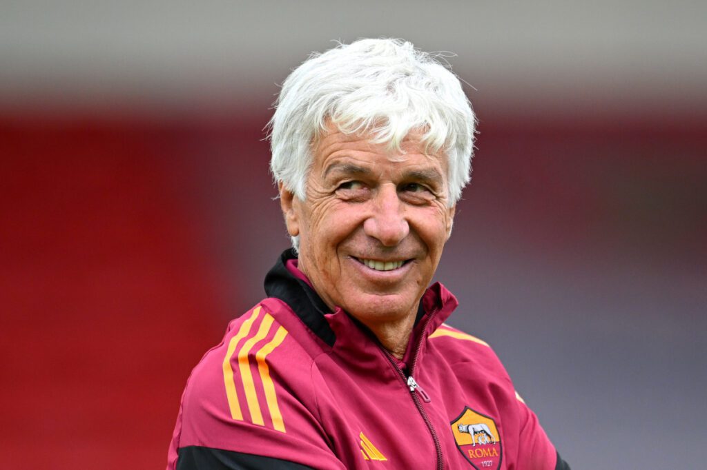 WALSALL, ENGLAND - AUGUST 06: Gian Piero Gasperini, Head Coach of AS Roma, looks on prior to the pre-season friendly match between Aston Villa and AS Roma at Pallet-Track Bescot Stadium on August 06, 2025 in Walsall, England. (Photo by Clive Mason/Getty Images)