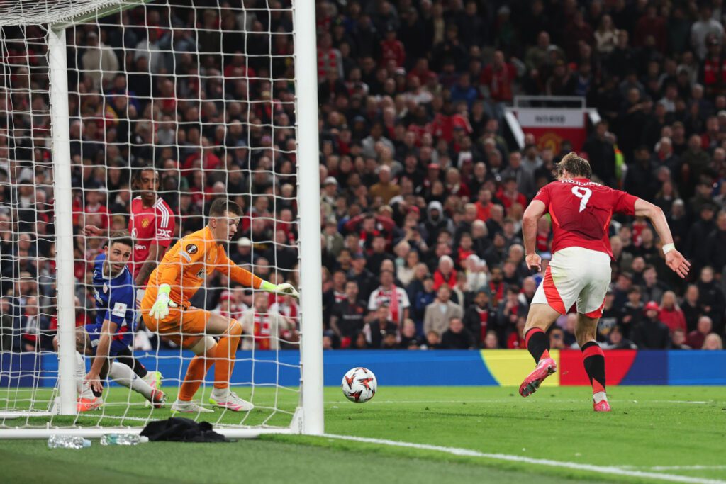 MANCHESTER, ENGLAND - MAY 08: Rasmus Hojlund of Manchester United scores his team's third goal during the UEFA Europa League 2024/25 Semi Final Second Leg match between Manchester United and Athletic Club at Old Trafford on May 08, 2025 in Manchester, England. (Photo by Michael Steele/Getty Images)