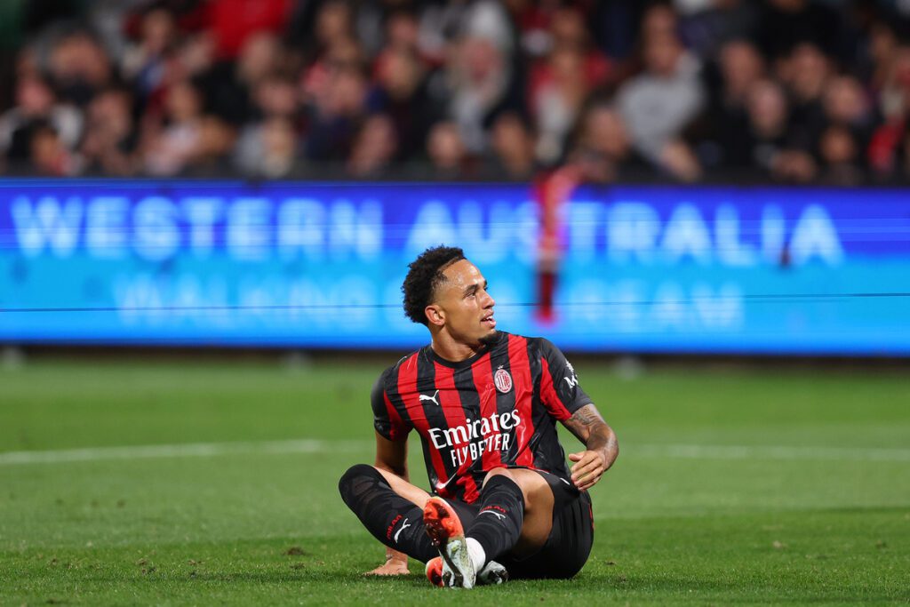 PERTH, AUSTRALIA - JULY 31: Noah Okafor of AC Milan looks on during the match between Perth Glory and AC Milan at HBF Park on July 31, 2025 in Perth, Australia. (Photo by Paul Kane/Getty Images)