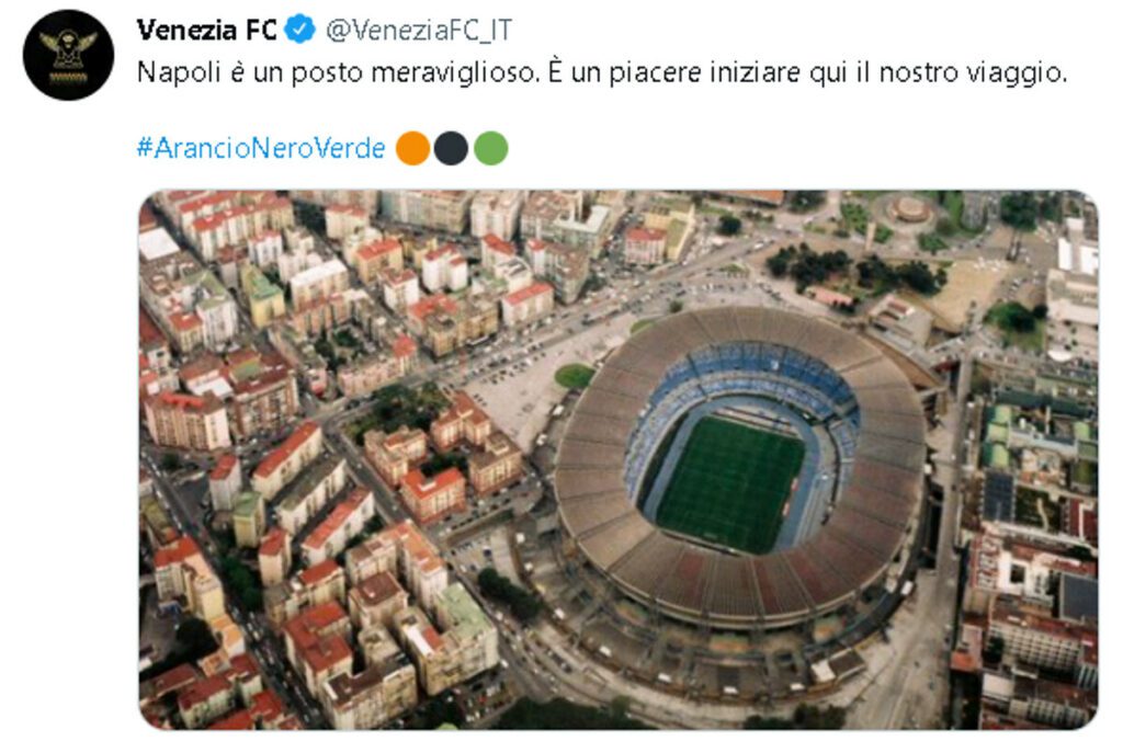 Il Venezia sui social: "Napoli è un posto meraviglioso. È un piacere iniziare qui il nostro viaggio"