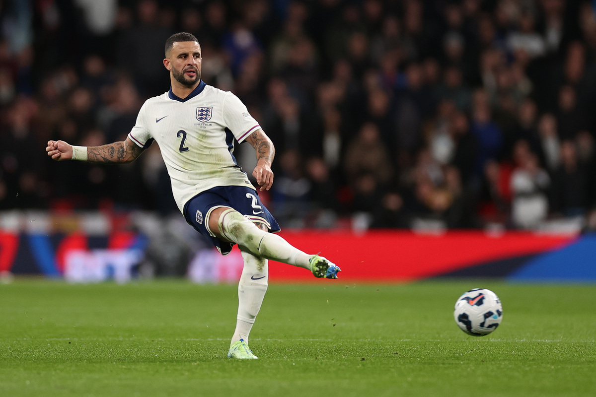 Kyle Walker of England controls the ball during the UEFA Nations League 2024/25 League B Group B2 match between England and Republic of Ireland at Wembley Stadium on November 17, 2024 in London, England. (Photo by Ryan Pierse/Getty Images)