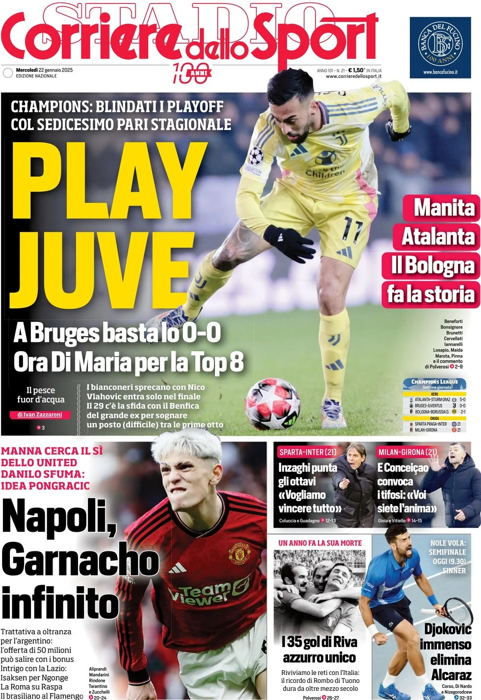 Today’s Papers: Juve draw, Bologna history, Inter and Milan push 5