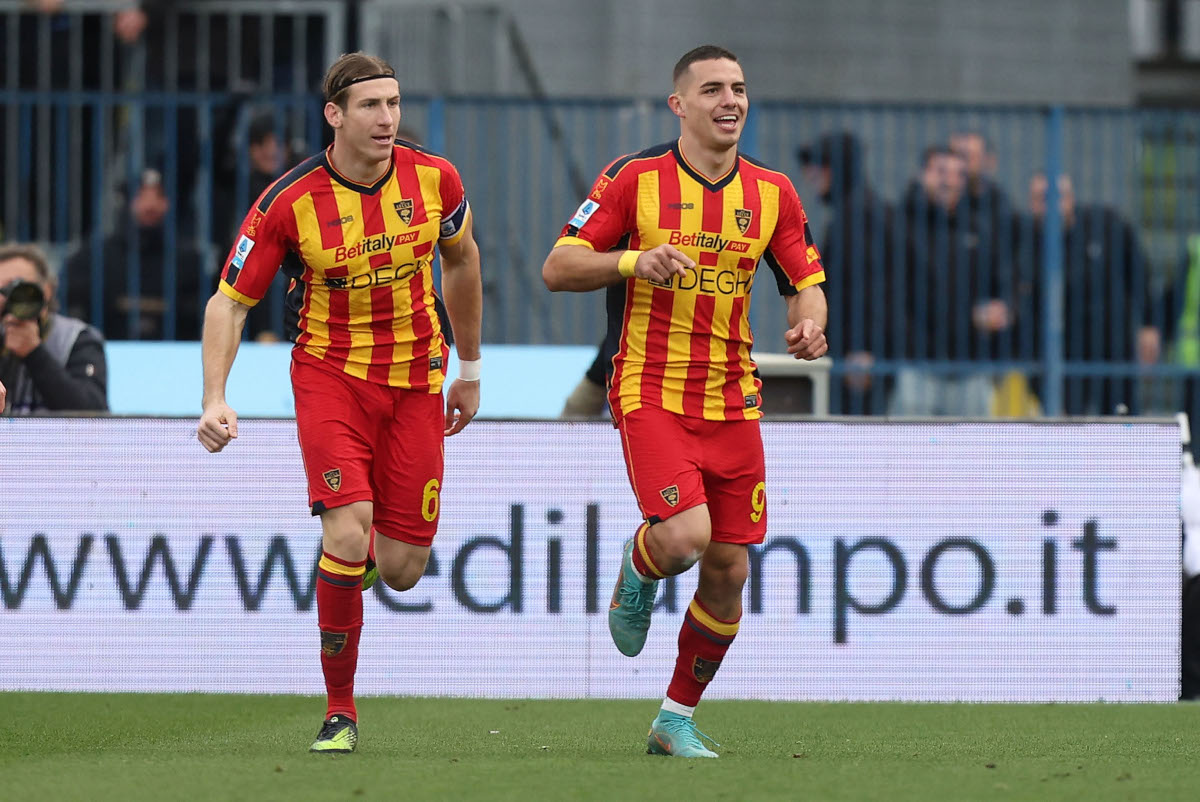 EMPOLI, ITALY - JANUARY 11: Nikola Krstovic of US Lecce celebrates after scoring a goal during the Serie A match between Empoli and Lecce at Stadio Carlo Castellani on January 11, 2025 in Empoli, Italy. (Photo by Gabriele Maltinti/Getty Images)