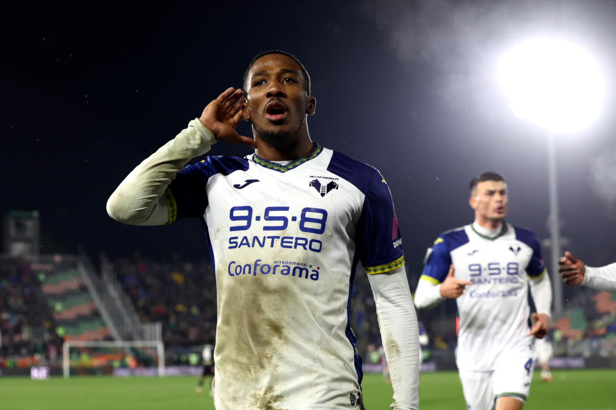 VENICE, ITALY - JANUARY 27: Jackson Tchatchoua of Verona celebrates his team's equalizing goal during the Serie A match between Venezia and Verona at Stadio Pier Luigi Penzo on January 27, 2025 in Venice, Italy. (Photo by Maurizio Lagana/Getty Images)