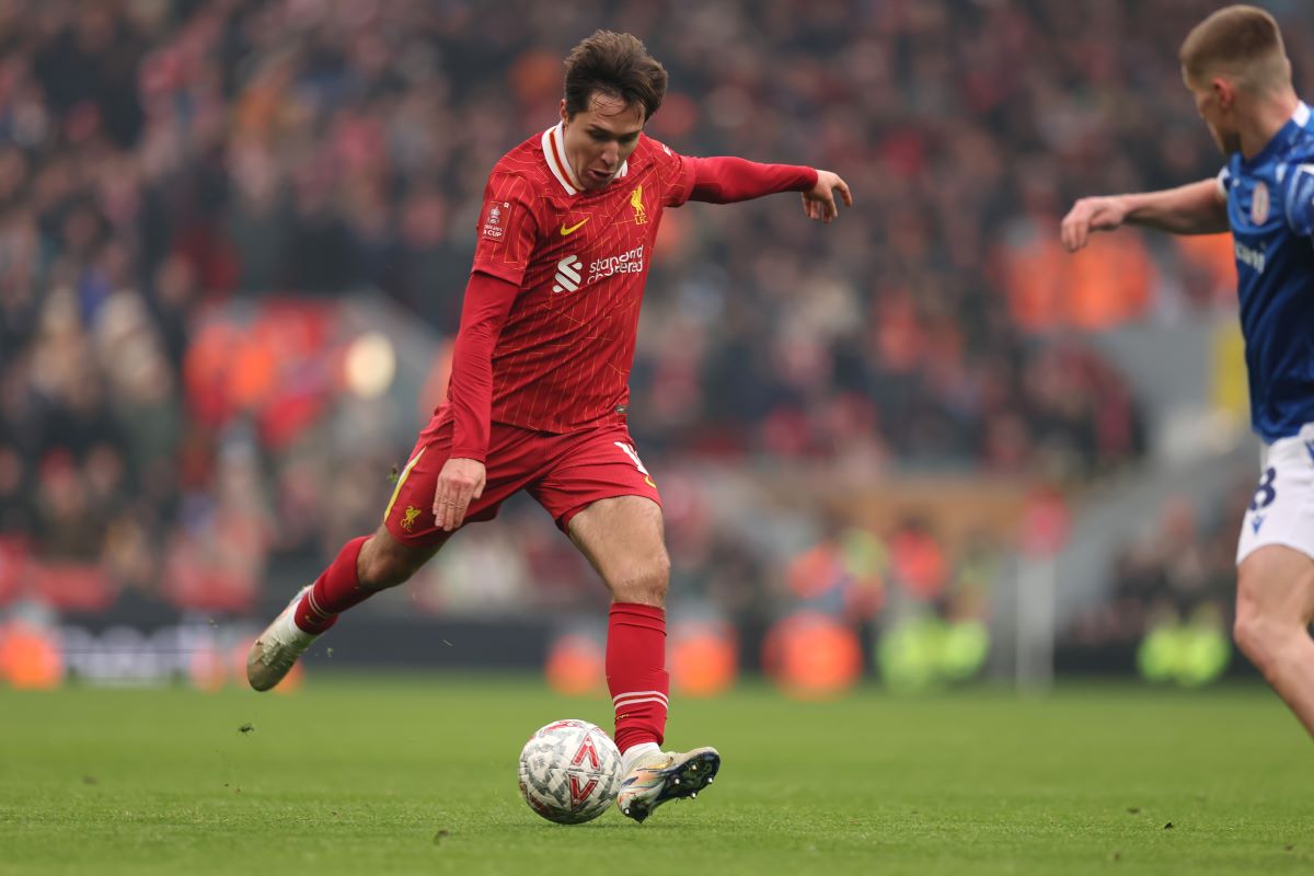 LIVERPOOL, ENGLAND - JANUARY 11: Federico Chiesa of Liverpool scores his team's fourth goal during the Emirates FA Cup Third Round match between Liverpool and Accrington Stanley at Anfield on January 11, 2025 in Liverpool, England. (Photo by Jan Kruger/Getty Images)