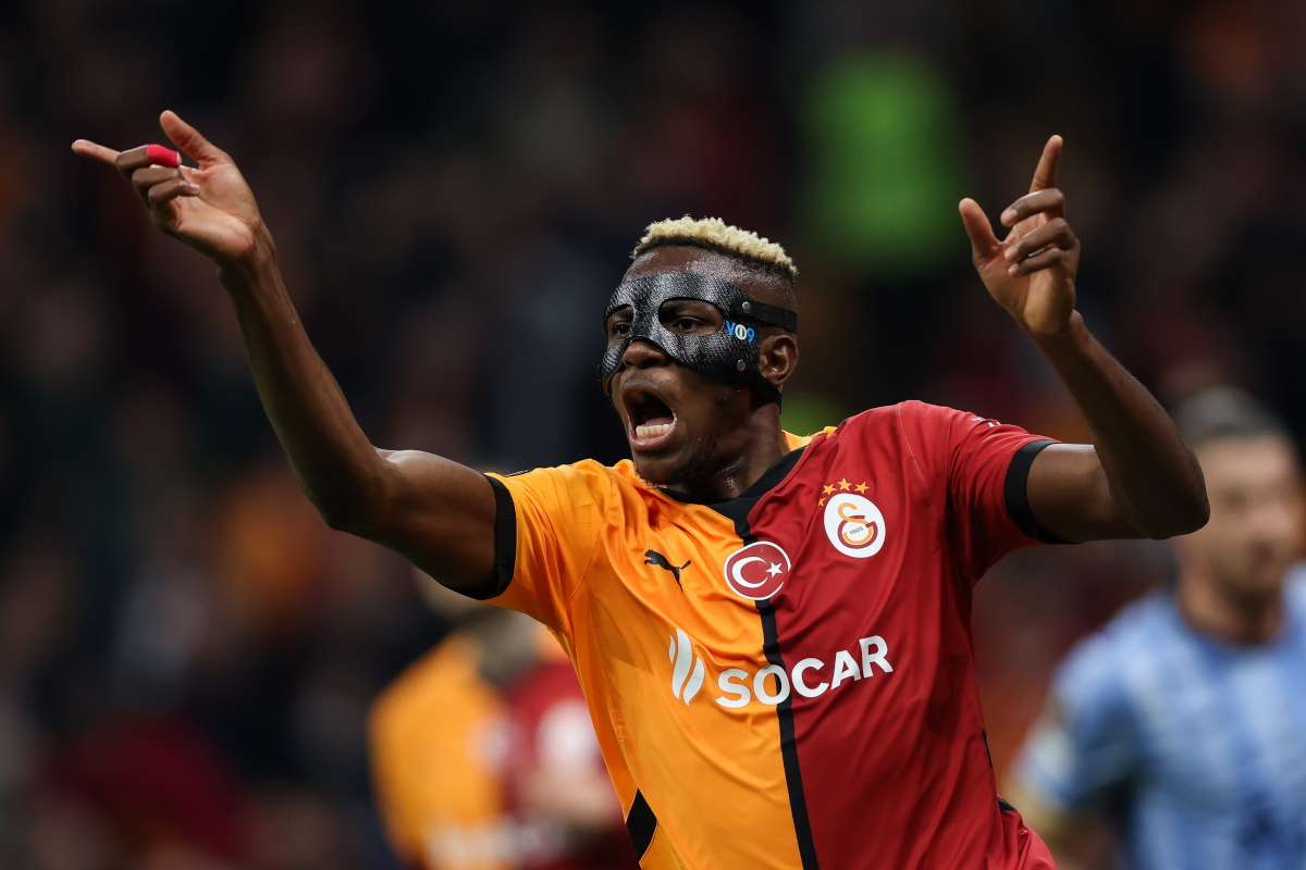 ISTANBUL, TURKEY - NOVEMBER 7: Victor Osimhen of Galatasaray reacts during the UEFA Europa League 2024/25 League Phase MD4 match between Galatasaray A.S. and Tottenham Hotspur at Ali Sami Yen Spor Kompleksi on November 07, 2024 in Istanbul, Turkey. (Photo by Ahmad Mora/Getty Images)