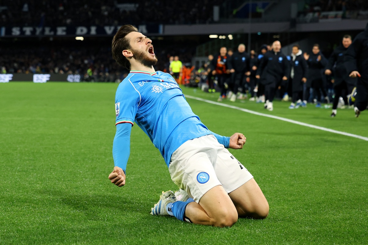 NAPLES, ITALY - MARCH 03: Khvicha Kvaratskhelia of SSC Napoli celebrates scoring his team's first goal during the Serie A TIM match between SSC Napoli and Juventus at Stadio Diego Armando Maradona on March 03, 2024 in Naples, Italy. (Photo by Francesco Pecoraro/Getty Images)