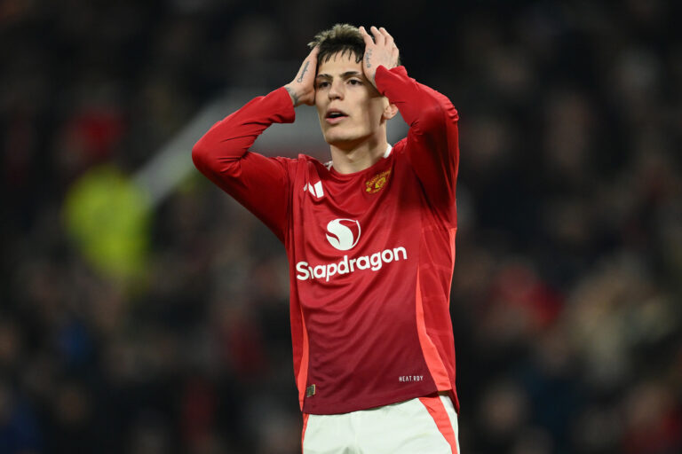 Alejandro Garnacho of Manchester United reacts after he misses a chance during the Premier League match between Manchester United FC and Southampton FC at Old Trafford on January 16, 2025 in Manchester, England. (Photo by Gareth Copley/Getty Images)