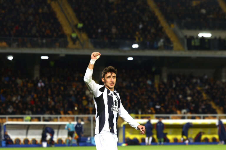 Andrea Cambiaso of Juventus celebrates after scoring the opening goal during the Serie A match between Lecce and Juventus at Stadio Via del Mare on December 01, 2024 in Lecce, Italy. (Photo by Maurizio Lagana/Getty Images)