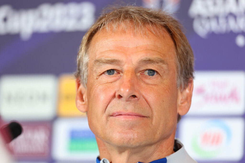 epa11076040 South Korea head coach Juergen Klinsmann holds a press conference ahead of a Group E match against Bahrain at the Asian Football Confederation Asian Cup at the Main Media Centre in Doha, Qatar, 14 January 2024. EPA-EFE/YONHAP SOUTH KOREA OUT