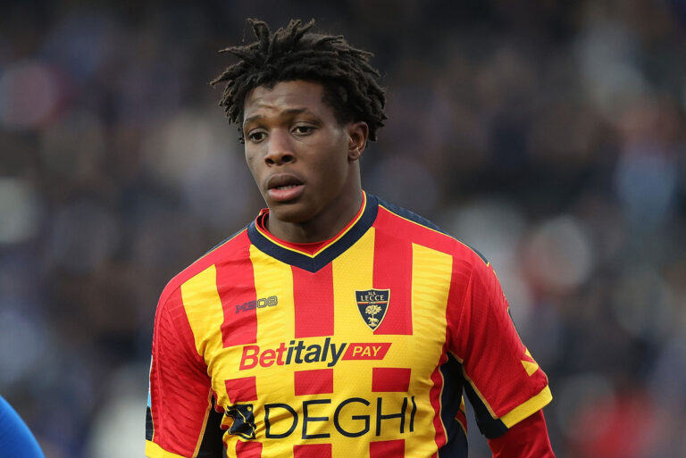 Patrick Dorgu of US Lecce looks on during the Serie A match between Empoli and Lecce at Stadio Carlo Castellani on January 11, 2025 in Empoli, Italy. (Photo by Gabriele Maltinti/Getty Images) (Manchester United links)
