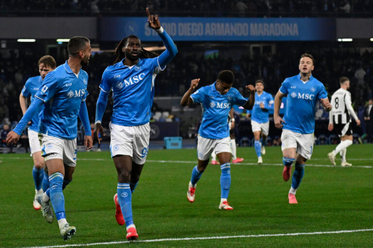 epa11852755 Napoli's midfielder Frank Anguissa celebrates after scoring during the Italian Serie A soccer match SSC Napoli vs Juventus Football Club at Diego Armando Maradona stadium in Naples, Italy, 25 January 2025. EPA-EFE/CIRO FUSCO