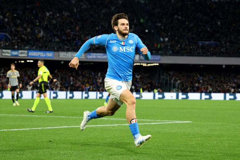 NAPLES, ITALY - MARCH 03: Khvicha Kvaratskhelia of SSC Napoli celebrates scoring his team's first goal during the Serie A TIM match between SSC Napoli and Juventus at Stadio Diego Armando Maradona on March 03, 2024 in Naples, Italy. (Photo by Francesco Pecoraro/Getty Images)