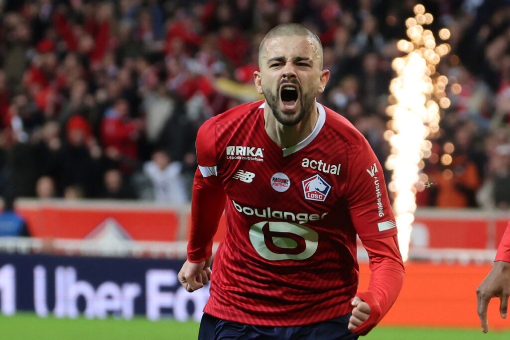 Lille midfielder and Juventus target Edon Zhegrova celebrates after scoring a goal during the French L1 football match between Lille LOSC and RC Lens at Stade Pierre-Mauroy in Villeneuve-d'Ascq, northern France on March 29, 2024. (Photo by DENIS CHARLET / AFP) (Photo by DENIS CHARLET/AFP via Getty Images) (Napoli links)