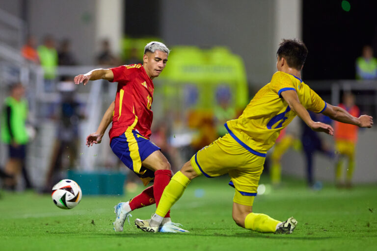 LA LINEA DE LA CONCEPCION, SPAIN - OCTOBER 10: Yeremay Hernandez of Spain in action during the UEFA European U21 Championship Qualifying match between Spain and Kazakhstan at Estadio Municipal de La Linea on October 10, 2024 in La Linea de la Concepcion, Spain. (Photo by Fran Santiago/Getty Images)