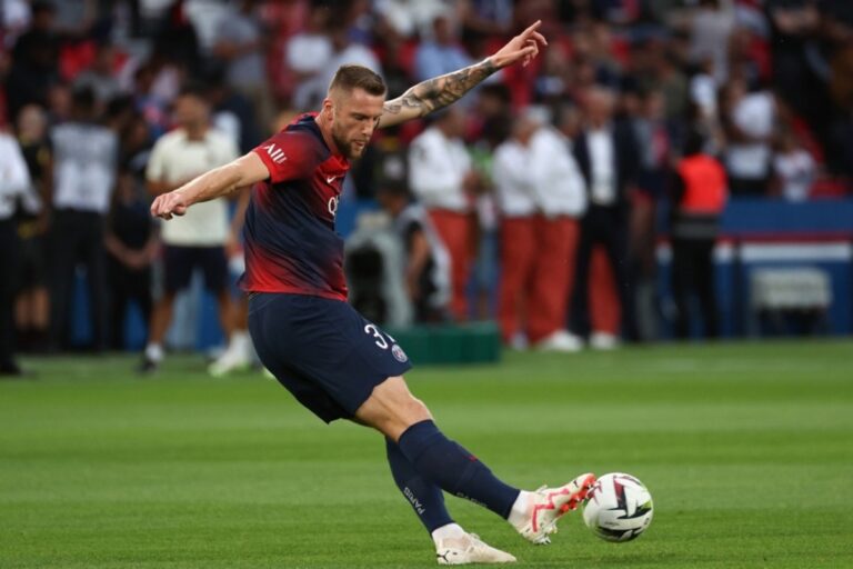 Juventus and Napoli target Milan Skriniar warms up ahead of the French Ligue 1 soccer match between Paris Saint Germain and FC Lorient in Paris, France, 12 August 2023. EPA-EFE/Mohammed Badra
