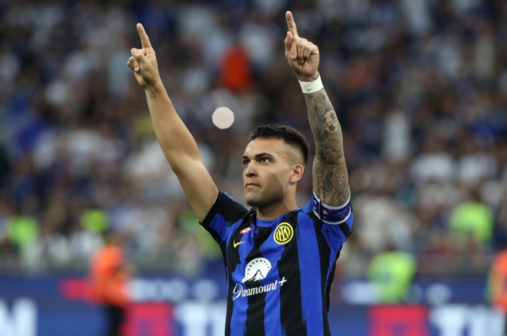 MILAN, ITALY - MAY 19: Lautaro Martinez of FC Inter during the Serie A TIM Scudetto title trophy presentation at full-time following the team's draw in the Serie A TIM match between FC Internazionale and SS Lazio at Stadio Giuseppe Meazza on May 19, 2024 in Milan, Italy. (Photo by Marco Luzzani/Getty Images)