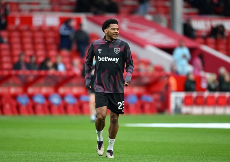 Jean-Clair Todibo of West Ham United looks on as he warms up prior to the Premier League match between Nottingham Forest FC and West Ham United FC at City Ground on November 02, 2024 in Nottingham, England. (Photo by Michael Regan/Getty Images) (Juventus links)